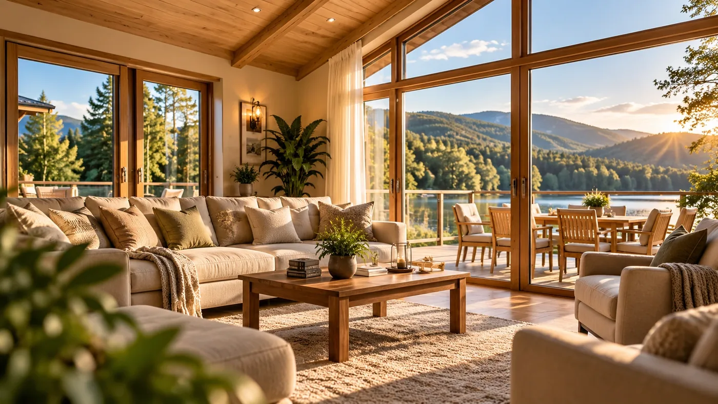 Light-filled lodge interior overlooking a lake and wooded hills